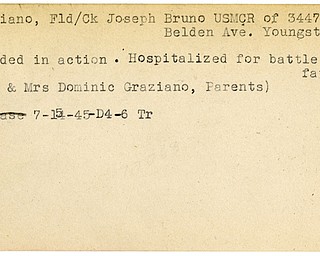 World War II, Vindicator, Joseph Bruno Graziano, USMCR, Youngstown, wounded, hospitalized, Dominic, Graziano, 1945, Trumbull