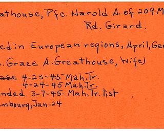 World War II, Vindicator, Harold A. Greathouse, Girard, killed, Europe, Germany, Grace A. Greathouse, 1945, Mahoning, Trumbull, wounded, Luxembourg