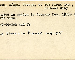 World War II, Vindicator, Joseph Greco, Ellwood City, wounded, Germany, 1944, Mahoning, Trumbull, France, 1945