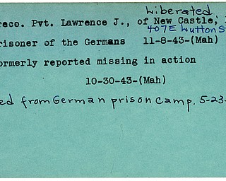 World War II, Vindicator, Lawrence J. Greco, New Castle, liberated, prisoner, Germany, 1943, Mahoning, missing, 1945