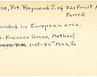 World War II, Vindicator, Raymond J. Greco, Farrell, wounded, Europe, Frances Greco, 1945, Mahoning, Trumbull