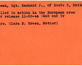 World War II, Vindicator, Bernard J. Green, Butler, killed, Europe, 1944, Mahoning, Trumbull, Clara B. Green