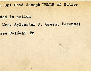 World War II, Vindicator, Chad Joseph Green, USMCR, Butler, wounded, Sylvester J. Green, 1945, Trumbull