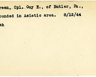 World War II, Vindicator, Guy E. Green, Butler, wounded, Asia, 1944, Mahoning