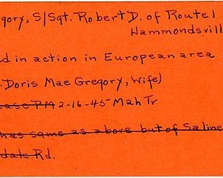 World War II, Vindicator, Robert D. Gregory, Hammondsville, killed, Europe, Doris Mae Gregory, 1945, Mahoning, Trumbull