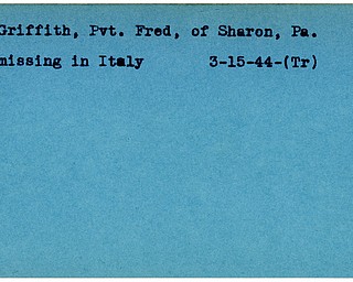 World War II, Vindicator, Fred Griffith, Sharon, Pennsylvania, missing, Italy, 1944, Trumbull