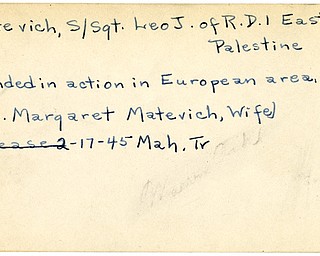 World War II, Vindicator, Leo J. Matevich, East Palestine, wounded, Europe, 1945, Mahoning, Trumbull, Mrs. Margaret Matevich