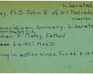 World War II, Vindicator, John E. Matey, Warren, missing, prisoner, Germany, liberated, Stalag, 1944, 1945, Mahoning, Trumbull, Stephan P. Matey