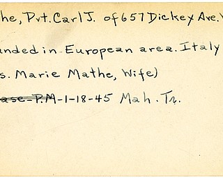 World War II, Vindicator, Carl J. Mathe, Warren, wounded, Europe, Italy, 1945, Mahoning, Trumbull, Mrs. Marie Mathe