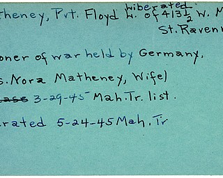 World War II, Vindicator, Floyd L. Matheney, Ravenna, prisoner, Germany, liberated, 1945, Mahoning, Trumbull, Mrs. Nora Matheney