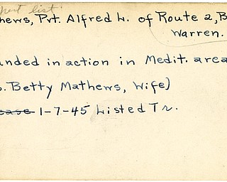 World War II, Vindicator, Alfred L. Mathews, Warren, wounded, Mediterranean, 1945, Mrs. Betty Mathews, Trumbull