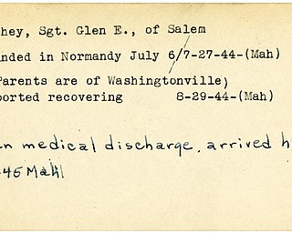 World War II, Vindicator, Glen E. Mathey, Salem, wounded, Normandy, 1944, recovering, medical discharge, arrived home, 1945, Mahoning