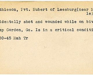 World War II, Vindicator, Hubert Mathieson, Leesburg, New Castle, wounded, Camp Gordon, Georgia, 1945, Mahoning, Trumbull