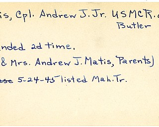 World War II, Vindicator, Andrew J. Matis Jr., Butler, wounded, second time, 1945, Mahoning, Trumbull, Mr. & Mrs. Andrew J. Matis