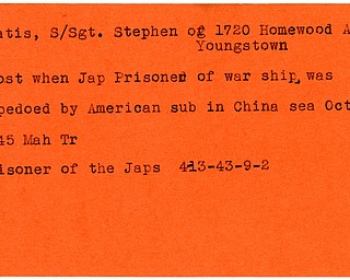 World War II, Vindicator, Stephen Matis, Youngstown, prisoner, Japs, Japanese, Japan, 1943, lost, torpedoed, China Sea, 1945, Mahoning, Trumbull