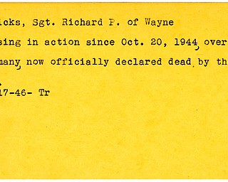World War II, Vindicator, Richard P. Matticks, Wayne, missing, 1944, Germany, declared dead, 1946, Trumbull