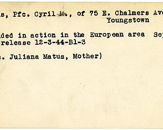 World War II, Vindicator, Cyril Matus, Youngstown, wounded, Europe, 1944, Mrs. Juliana Matus