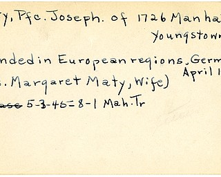 World War II, Vindicator, Joseph Maty, Youngstown, wounded, Europe, Germany, 1945, Mahoning, Trumbull, Mrs. Margaret Maty