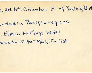 World War II, Vindicator, Charles E. May, Cortland, wounded, Pacific, 1945, Mahoning, Trumbull, Mrs. Eileen H. May