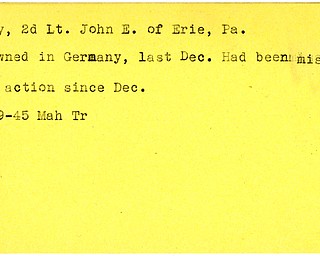 World War II, Vindicator, John E. May, Erie, Pennsylvania, missing, drowned, Germany, 1945, Mahoning, Trumbull