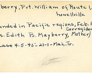 World War II, Vindicator, William Mayberry, Lowellville, wounded, Pacific, Corregidor, 1945, Mahoning, Trumbull, Mrs. Edith B. Mayberry