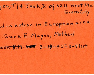 World War II, Vindicator, Jack D. Mayes, Grove City, killed, Europe, 1945, Mrs. Sara E. Mayes