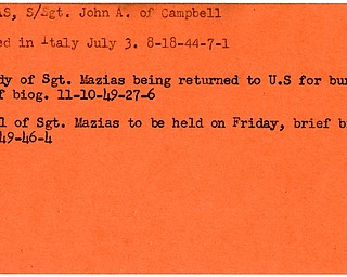 World War II, Vindicator, John A. Mazias, Campbell, killed, Italy, 1944, body returned to U.S, burial, funeral, 1949