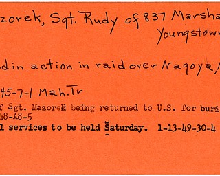 World War II, Vindicator, Rudy Mazorek, Youngstown, killed, Nagoya, body returned to U.S, burial, funeral, 1945, 1948, 1949, Mahoning, Trumbull