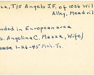 World War II, Vindicator, Angelo J. F. Mazza, Meadville, wounded, Europe, 1945, Mahoning, Trumbull, Mrs. Angelina C. Mazza