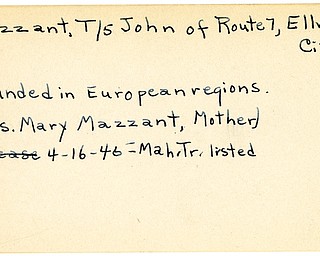 World War II, Vindicator, John Mazzant, Ellwood City, wounded, Europe, 1945, Mahoning, Trumbull, Mrs. Mary Mazzant