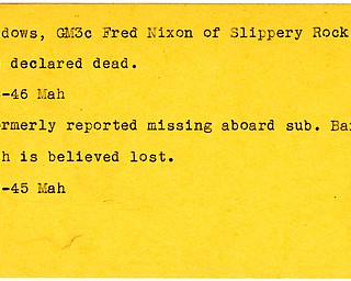 World War II, Vindicator, Fred Nixon Meadows, Slippery Rock, Pennsylvania, missing, submarine Barbel, lost, declared dead, 1945, 1946, Mahoning