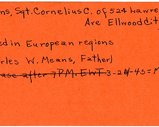 World War II, Vindicator, Cornelius C. Means, Ellwood City, killed, Europe, 1945, Mahoning, Trumbull, Charles W. Means
