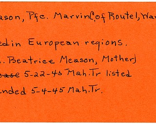 World War II, Vindicator, Marvin C. Meason, Wampum, wounded, killed, Europe, 1945, Mahoning, Trumbull, Mrs. Beatrice Meason