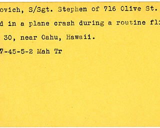 World War II, Vindicator, Stephen Medovich, Niles, killed, plane crash, Oahu, Hawaii, 1945, Mahoning, Trumbull