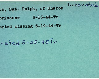 World War II, Vindicator, Ralph Meeks, Sharon, missing, prisoner, 1944, liberated, 1945, Trumbull