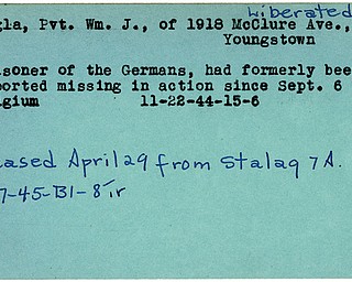 World War II, Vindicator, William J. Megla, Wm. J. Megla, Youngstown, missing, Belgium, prisoner, Germans, Germany, 1944, liberated, Stalag, 1945, Trumbull