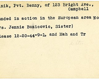 World War II, Vindicator, Benny Melnik, Campbell, wounded, Europe, 1944, Mahoning, Trumbull, Mrs. Jennie Bozicovic