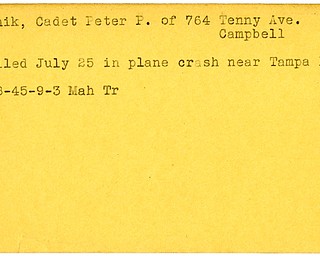 World War II, Vindicator, Peter P. Melnik, Campbell, killed, plane crash, Tampa, Florida, 1945, Mahoning, Trumbull