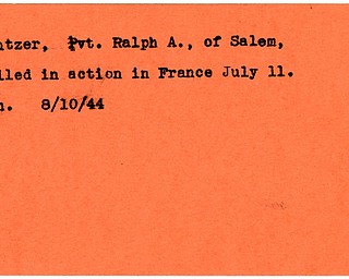 World War II, Vindicator, Ralph A. Mentzer, Salem, killed, France, 1944, Mahoning
