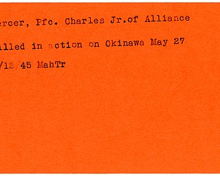 World War II, Vindicator, Charles Mercer Jr., Alliance, killed, Okinawa, 1945, Mahoning, Trumbull