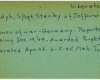 World War II, Vindicator, Stanley Meredyk, Jefferson, prisoner, Germany, missing, 1944, Awarded, Purple Heart, liberated, 1945, Mahoning, Trumbull
