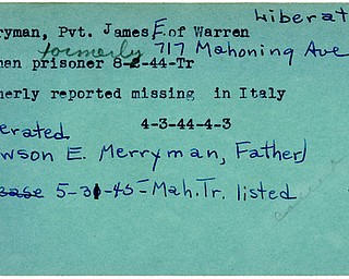 World War II, Vindicator, James E. Merryman, Warren, missing, Italy, prisoner, German, Germany, 1944, liberated, 1945, Mahoning, Trumbull, Lawson E. Merryman