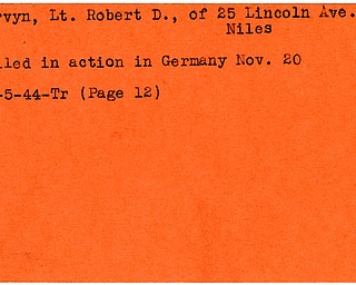 World War II, Vindicator, Robert D. Mervyn, Niles, killed, Germany, 1944, Trumbull