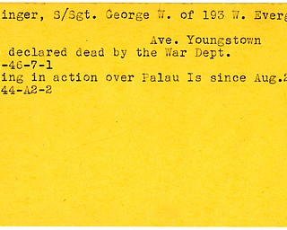 World War II, Vindicator, George W. Metzinger, Youngstown, missing, Palau Island, 1944, declared dead, 1946