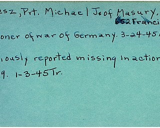 World War II, Vindicator, Michael J. Miglesz, Masury, missing, prisoner, Germany, 1945, Mahoning, Trumbull