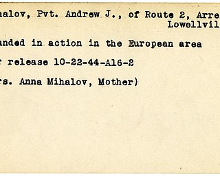 World War II, Vindicator, Andrew J. Mihalov, Lowellville, wounded, Europe, 1944, Mrs. Anna Mihalov