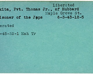 World War II, Vindicator, Thomas Mikita Jr., Hubbard, prisoner, Japs, Japan, Japanese, 1943, liberated, 1945, Mahoning, Trumbull