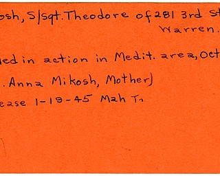 World War II, Vindicator, Theodore Mikosh, Warren, killed, Mediterranean, 1945, Mahoning, Trumubll, Mrs. Anna Mikosh