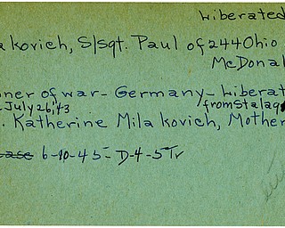 World War II, Vindicator, Paul Milakovich, McDonald, prisoner, Germany, liberated, Stalag, 1943, 1945, Trumbull, Mrs. Katherine Milakovich