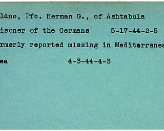 World War II, Vindicator, Herman G. Milano, Ashtabula, missing, Mediterranean, prisoner, Germans, Germany, 1944